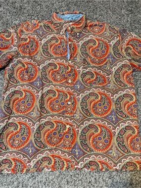 R&G Mens Shirt Size Large Short Sleeves Paisley 100% Cotton Button Down Collar